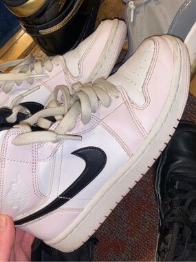 Nike Kids Pink and White High-Top Sneakers with Black Swoosh